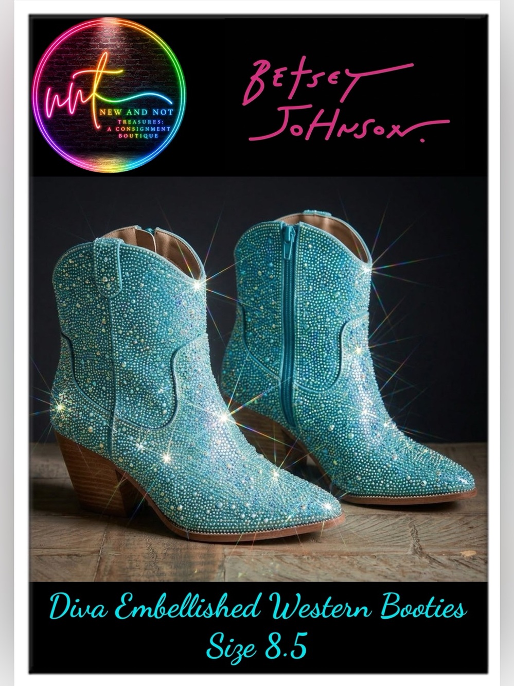 HTF Betsey Johnson SB Diva Rhinestone Western Booties Turquoise Blue Size 8.5